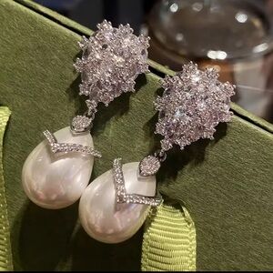 Anthropologie Crystal Cluster Pearl Drop Earrings in White and Silver